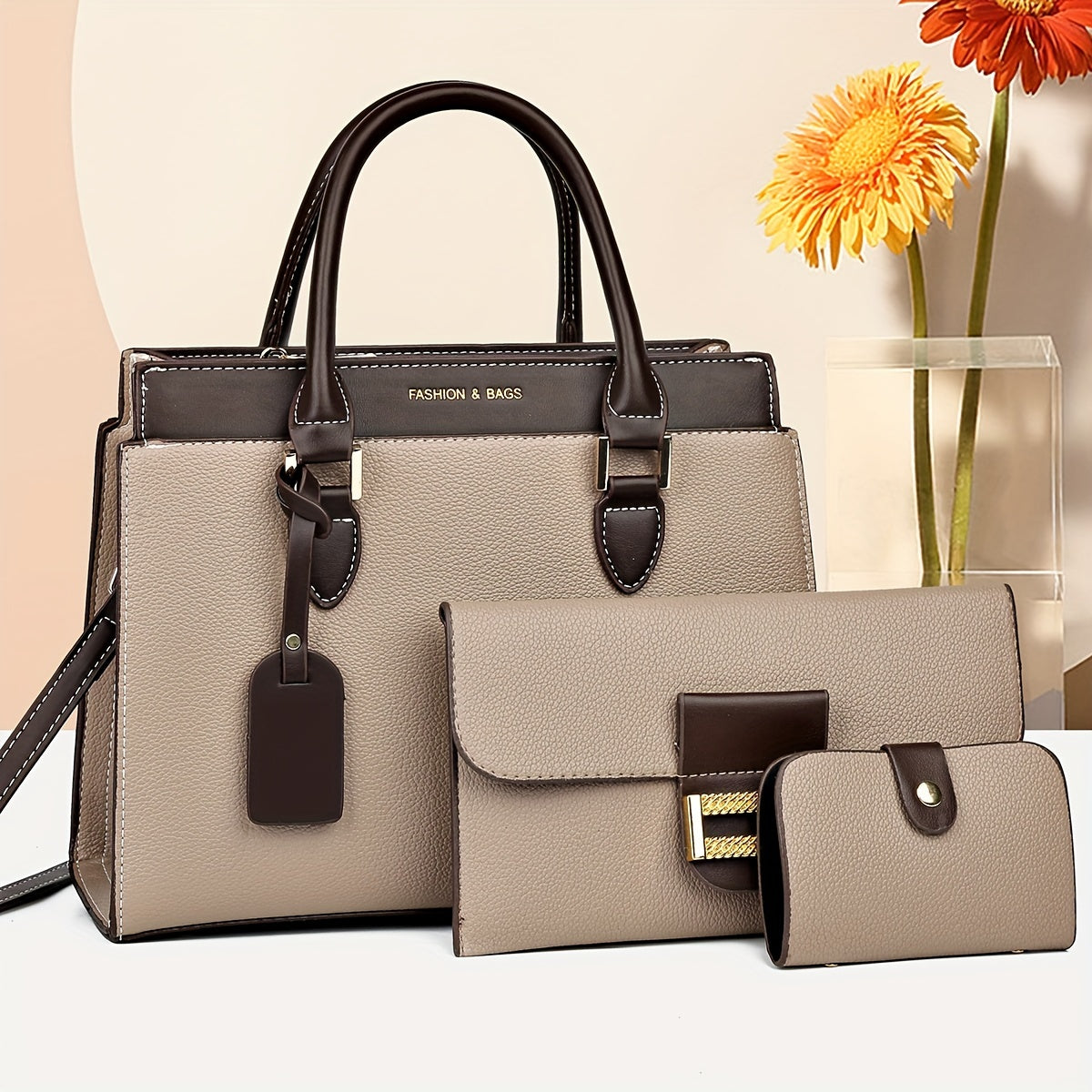 Three-piece Set of Fashionable Large Tote Bags for Women, Suitcase, Card Bag, Handbag, and Handbag