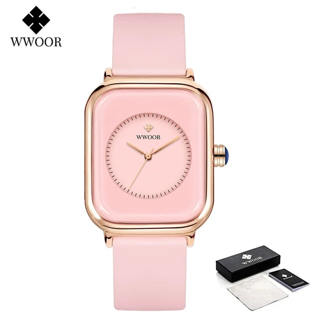 WWOOR Luxury Brand Watches For Women Fashion Square Purple Ladies Quartz Wristwatch Waterproof Silicone Band Relogio Feminino