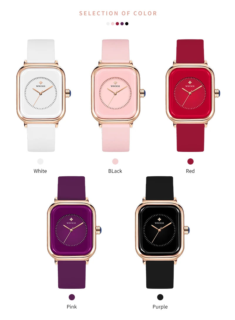 WWOOR Luxury Brand Watches For Women Fashion Square Purple Ladies Quartz Wristwatch Waterproof Silicone Band Relogio Feminino