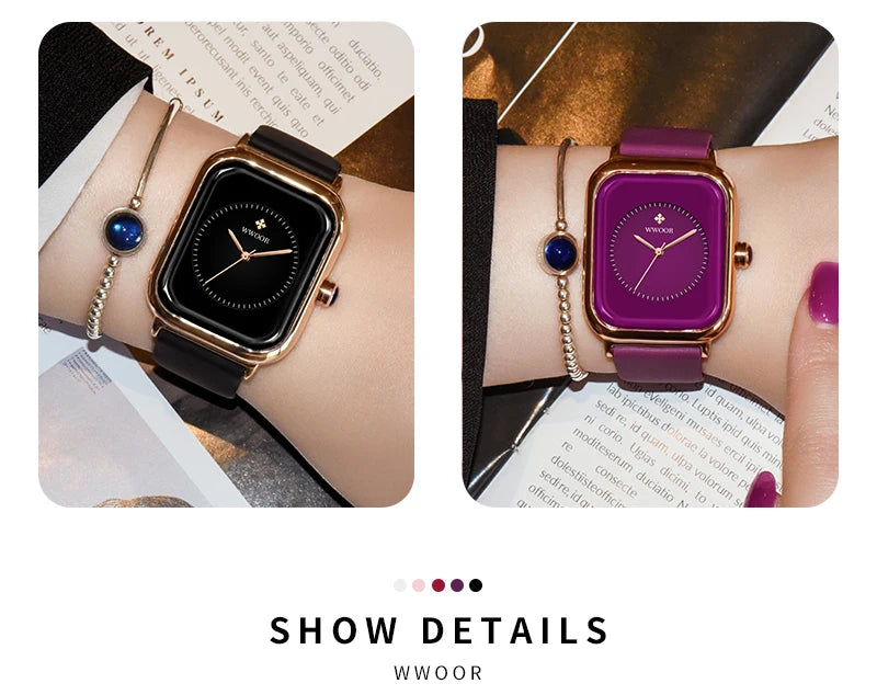 WWOOR Luxury Brand Watches For Women Fashion Square Purple Ladies Quartz Wristwatch Waterproof Silicone Band Relogio Feminino