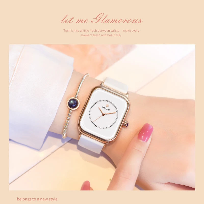 WWOOR Luxury Brand Watches For Women Fashion Square Purple Ladies Quartz Wristwatch Waterproof Silicone Band Relogio Feminino