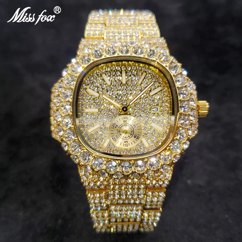 MISSFOX Iced Out Watch For Men Luxury Fashion Gold Quartz Watches Hip Hop High Quality Waterproof Male Daimond Clock New Gift