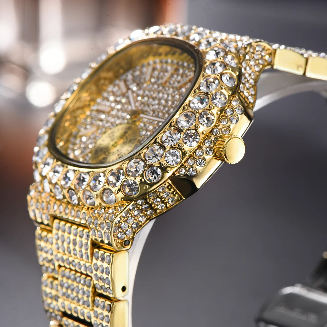 MISSFOX Iced Out Watch For Men Luxury Fashion Gold Quartz Watches Hip Hop High Quality Waterproof Male Daimond Clock New Gift