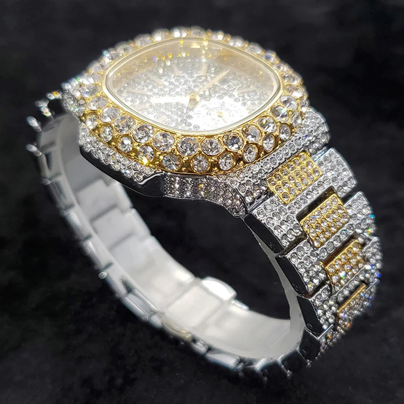 MISSFOX Iced Out Watch For Men Luxury Fashion Gold Quartz Watches Hip Hop High Quality Waterproof Male Daimond Clock New Gift