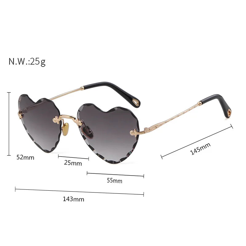 Love Heart Shaped Sunglasses Women Brand Design 2025 Rimless Cat Eye Frame 90S Sun Glasses Clear Lens Gradient Shades Gift S335