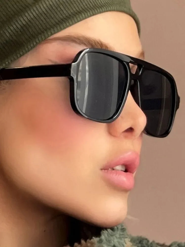 Women's Vintage Pilot Sunglasses Oversized Square Frame Double Bridge Designer Shades Black Luxury Fashion Sun Glasses Eyewear