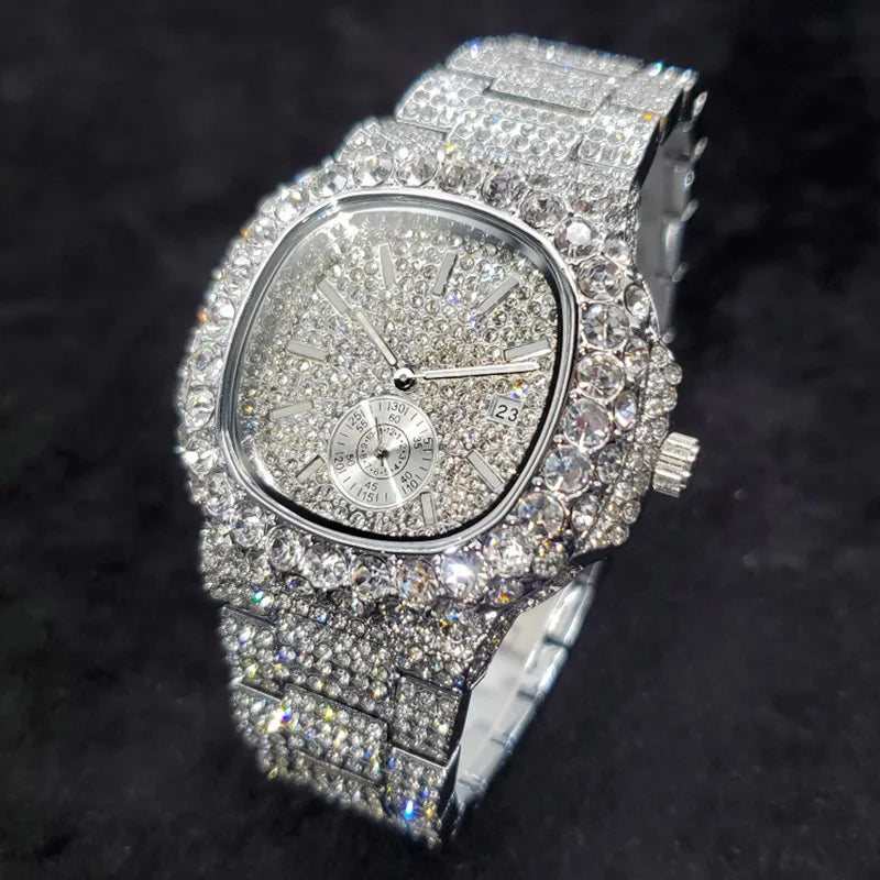 MISSFOX Iced Out Watch For Men Luxury Fashion Gold Quartz Watches Hip Hop High Quality Waterproof Male Daimond Clock New Gift