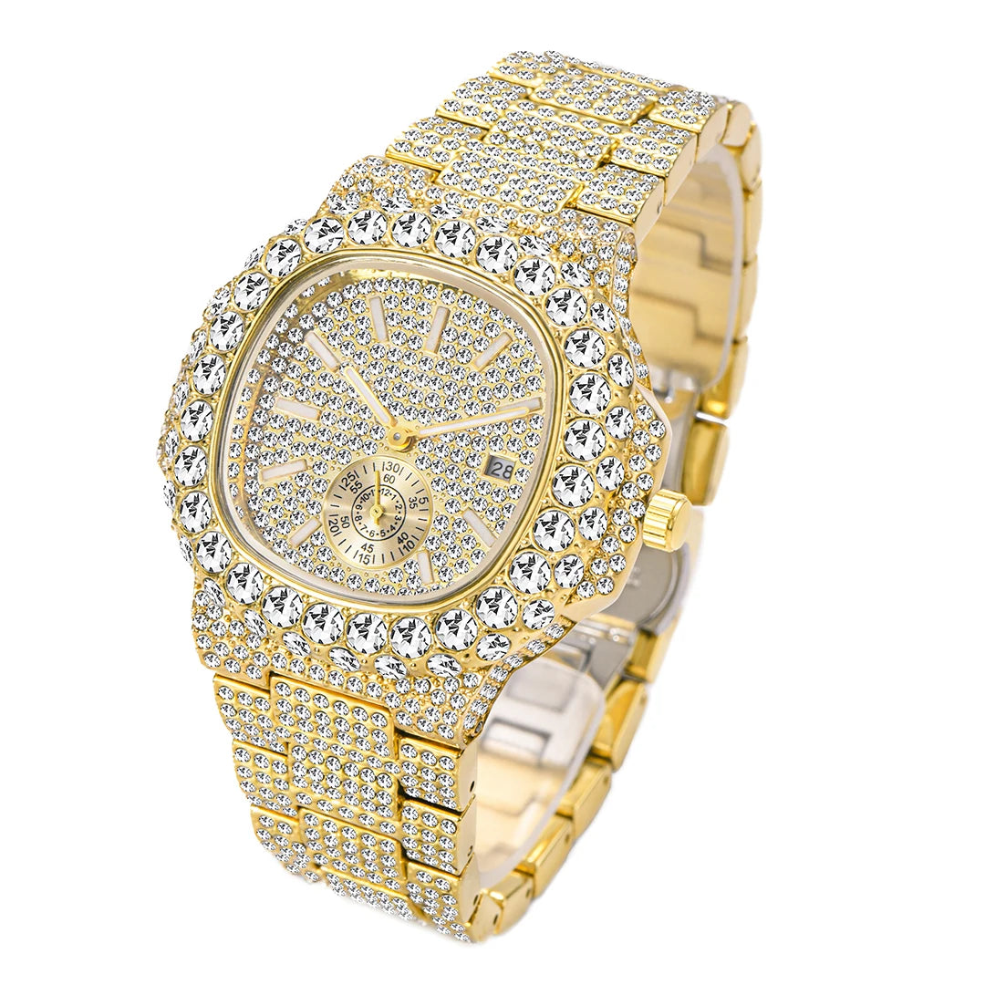 MISSFOX Iced Out Watch For Men Luxury Fashion Gold Quartz Watches Hip Hop High Quality Waterproof Male Daimond Clock New Gift