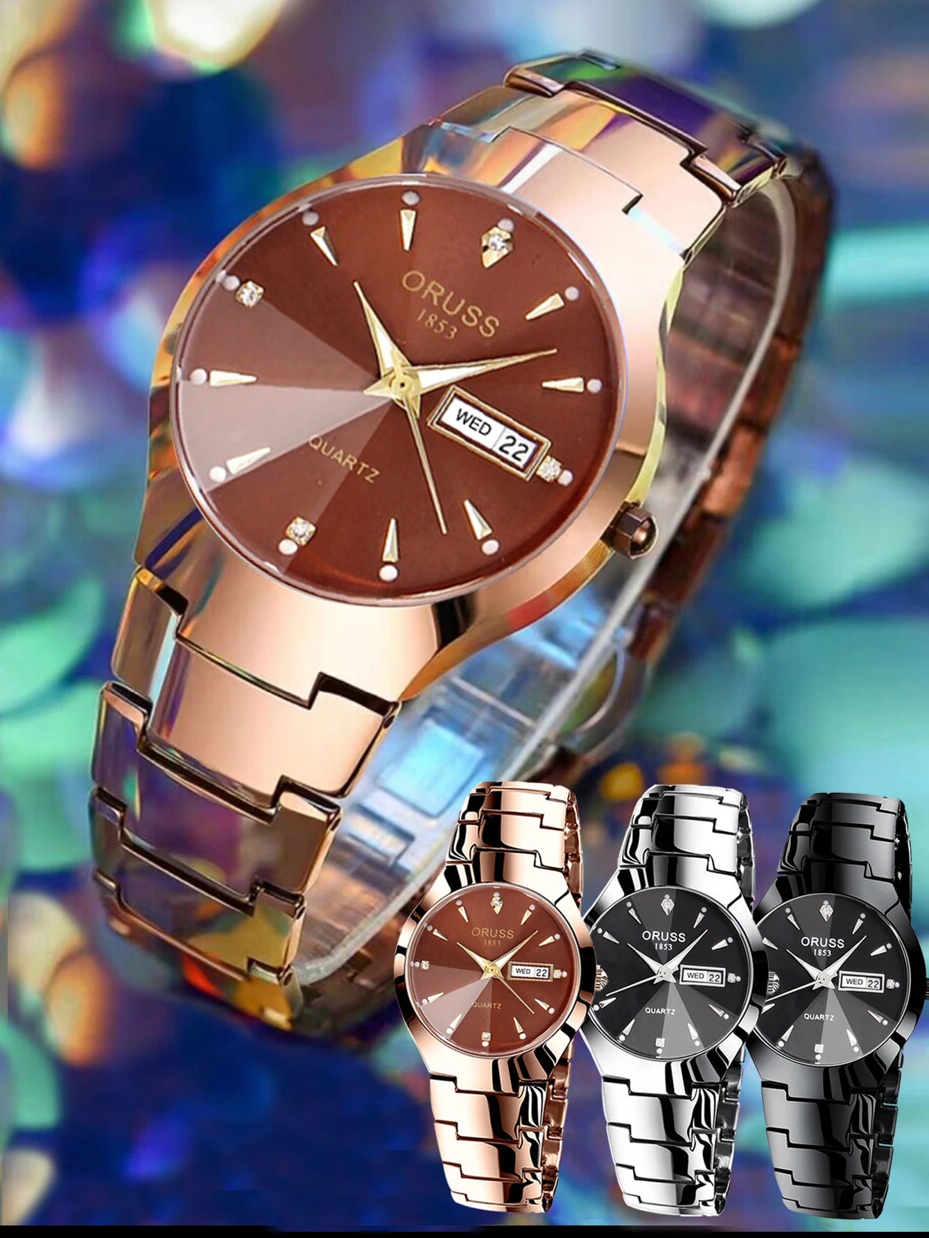 ORUSS Relogio Feminino Couple Watch Men Quartz watch for Lovers Luxury Womens wristwatch Week Display Stainless Steel Waterproof
