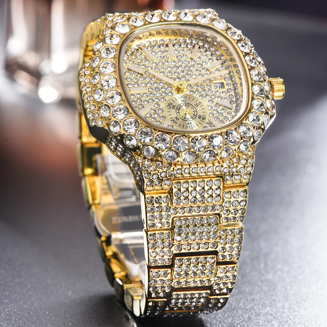 MISSFOX Iced Out Watch For Men Luxury Fashion Gold Quartz Watches Hip Hop High Quality Waterproof Male Daimond Clock New Gift