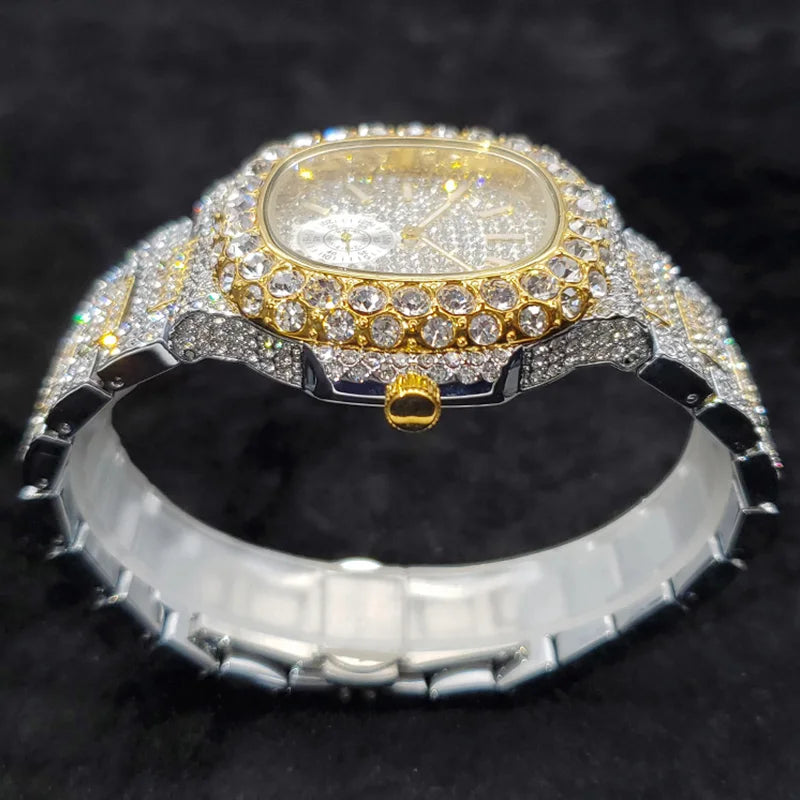MISSFOX Iced Out Watch For Men Luxury Fashion Gold Quartz Watches Hip Hop High Quality Waterproof Male Daimond Clock New Gift