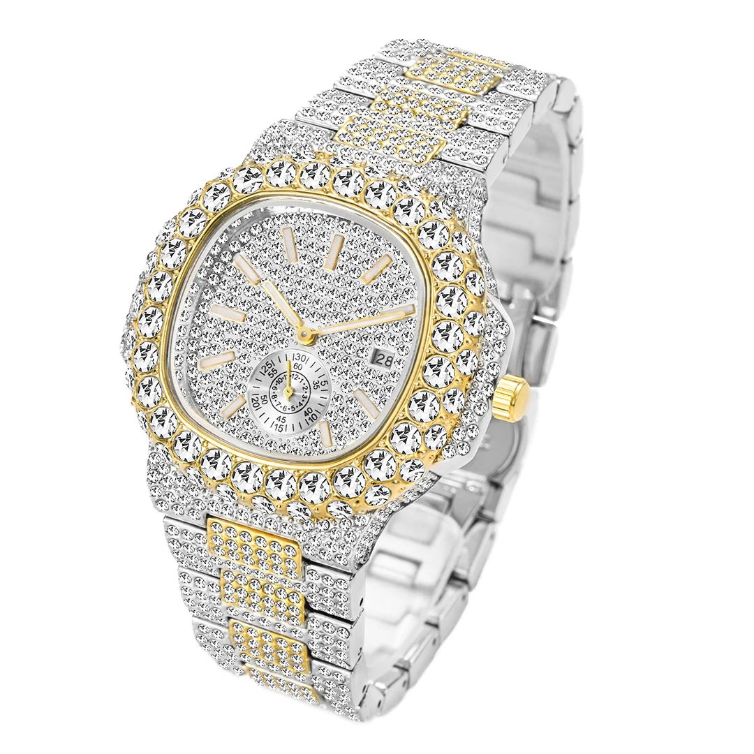 MISSFOX Iced Out Watch For Men Luxury Fashion Gold Quartz Watches Hip Hop High Quality Waterproof Male Daimond Clock New Gift