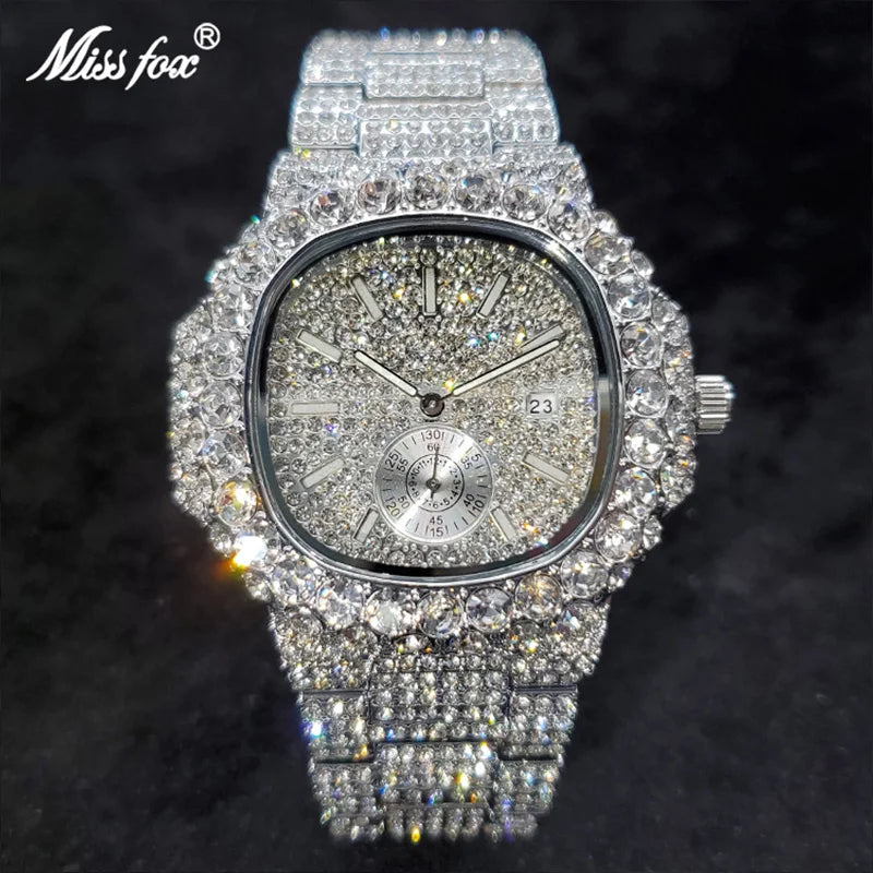 MISSFOX Iced Out Watch For Men Luxury Fashion Gold Quartz Watches Hip Hop High Quality Waterproof Male Daimond Clock New Gift