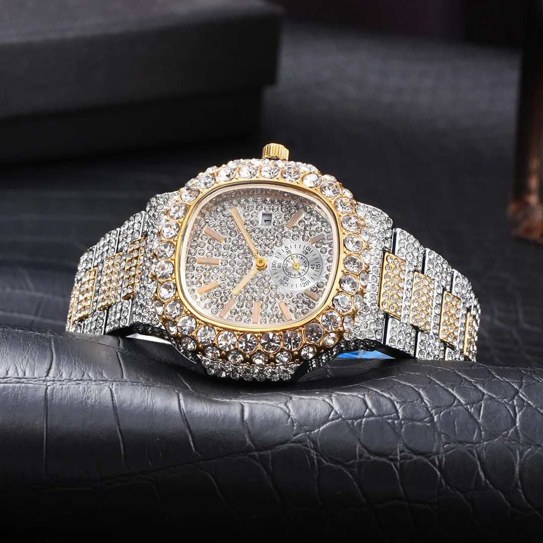 MISSFOX Iced Out Watch For Men Luxury Fashion Gold Quartz Watches Hip Hop High Quality Waterproof Male Daimond Clock New Gift