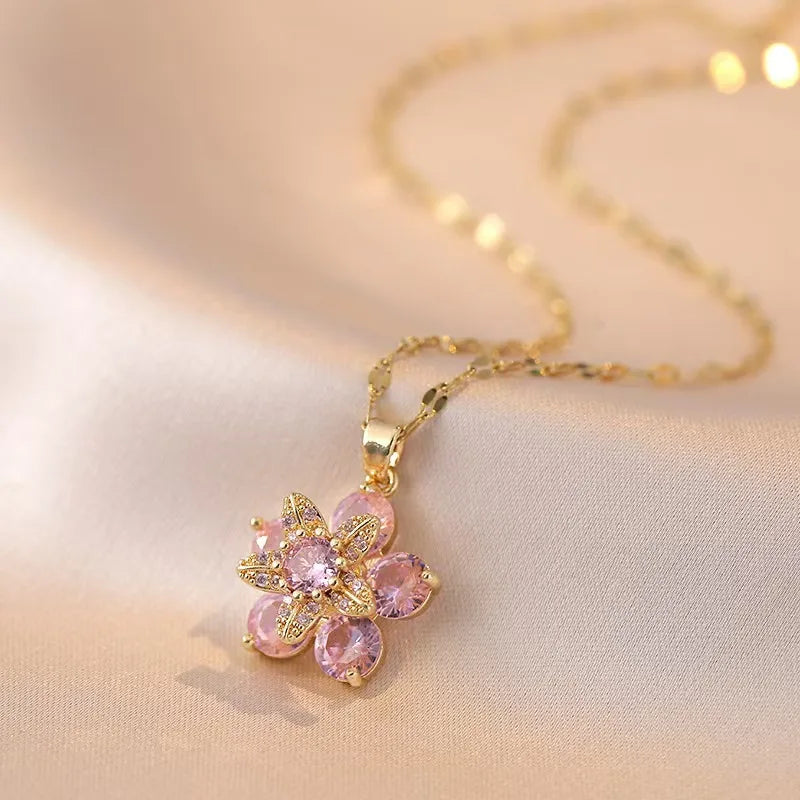 Light Luxury Spin Zircon Flower Pendant Necklace for Women Gold Color Quality High Sense Chain Necklaces Party Jewelry Gifts
