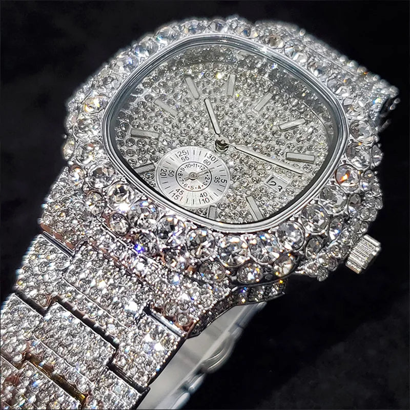 MISSFOX Iced Out Watch For Men Luxury Fashion Gold Quartz Watches Hip Hop High Quality Waterproof Male Daimond Clock New Gift