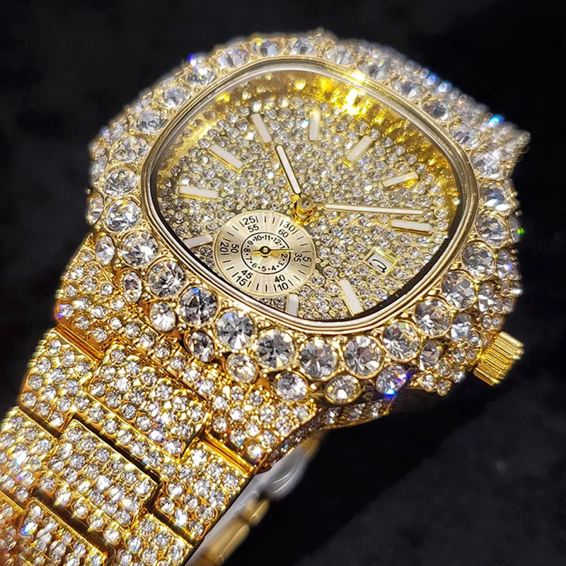 MISSFOX Iced Out Watch For Men Luxury Fashion Gold Quartz Watches Hip Hop High Quality Waterproof Male Daimond Clock New Gift