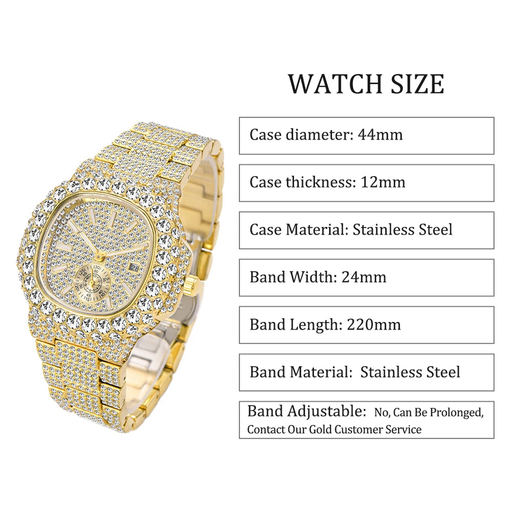 MISSFOX Iced Out Watch For Men Luxury Fashion Gold Quartz Watches Hip Hop High Quality Waterproof Male Daimond Clock New Gift