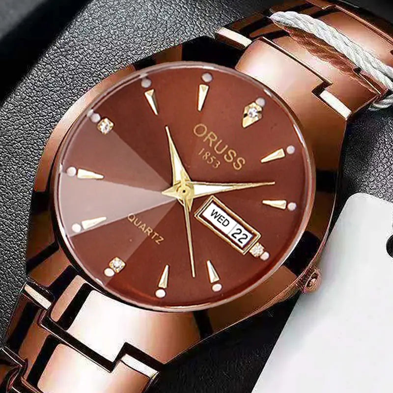 ORUSS Relogio Feminino Couple Watch Men Quartz watch for Lovers Luxury Womens wristwatch Week Display Stainless Steel Waterproof