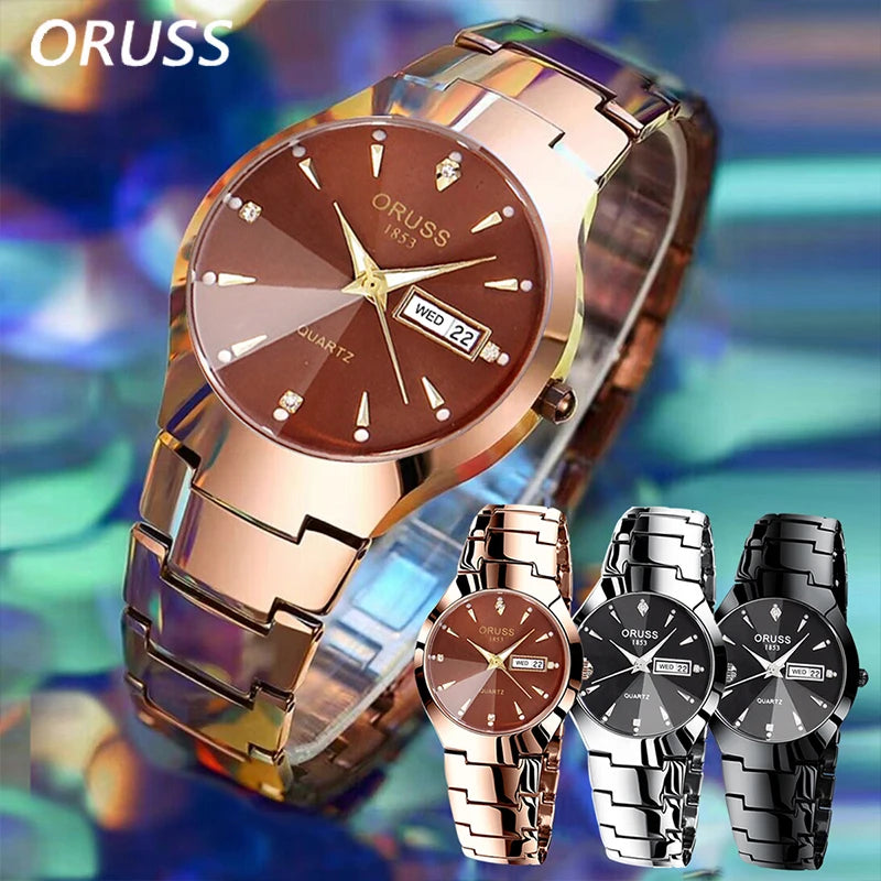 ORUSS Relogio Feminino Couple Watch Men Quartz watch for Lovers Luxury Womens wristwatch Week Display Stainless Steel Waterproof