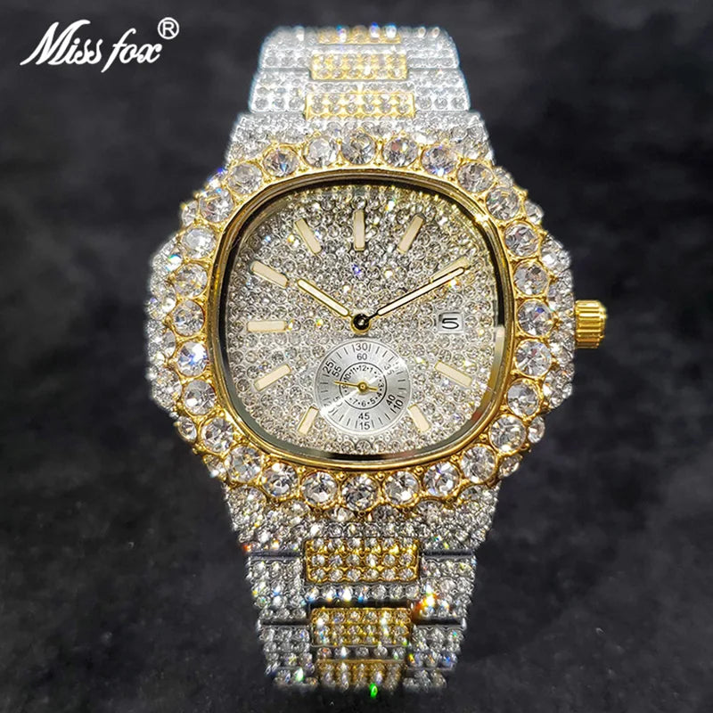 MISSFOX Iced Out Watch For Men Luxury Fashion Gold Quartz Watches Hip Hop High Quality Waterproof Male Daimond Clock New Gift