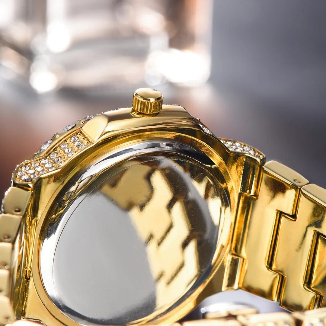 MISSFOX Iced Out Watch For Men Luxury Fashion Gold Quartz Watches Hip Hop High Quality Waterproof Male Daimond Clock New Gift