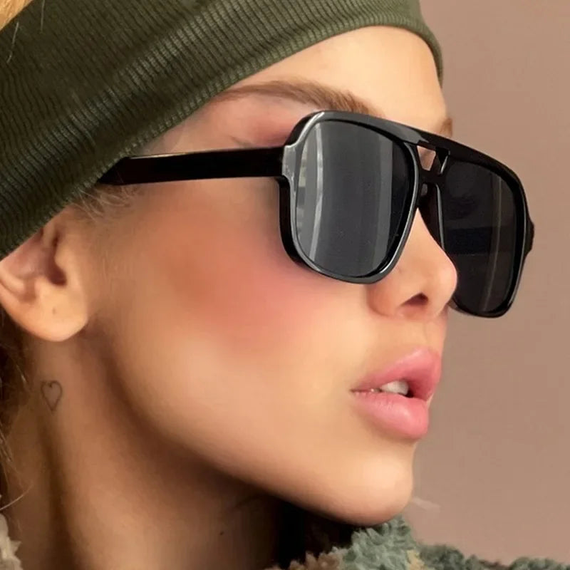 Women's Vintage Pilot Sunglasses Oversized Square Frame Double Bridge Designer Shades Black Luxury Fashion Sun Glasses Eyewear