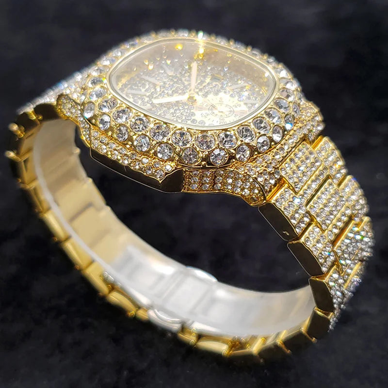 MISSFOX Iced Out Watch For Men Luxury Fashion Gold Quartz Watches Hip Hop High Quality Waterproof Male Daimond Clock New Gift