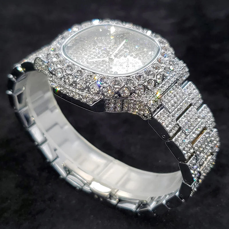 MISSFOX Iced Out Watch For Men Luxury Fashion Gold Quartz Watches Hip Hop High Quality Waterproof Male Daimond Clock New Gift