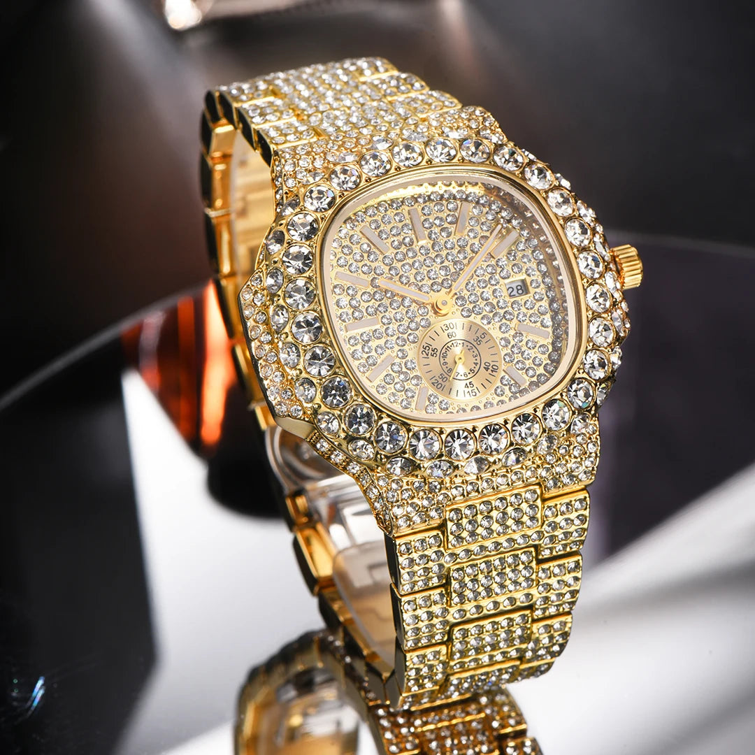 MISSFOX Iced Out Watch For Men Luxury Fashion Gold Quartz Watches Hip Hop High Quality Waterproof Male Daimond Clock New Gift