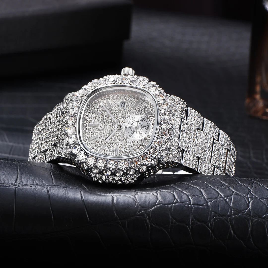 MISSFOX Iced Out Watch For Men Luxury Fashion Gold Quartz Watches Hip Hop High Quality Waterproof Male Daimond Clock New Gift