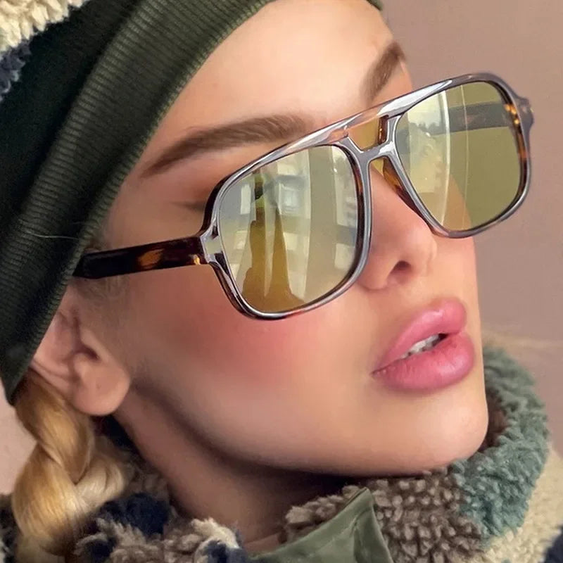 Women's Vintage Pilot Sunglasses Oversized Square Frame Double Bridge Designer Shades Black Luxury Fashion Sun Glasses Eyewear
