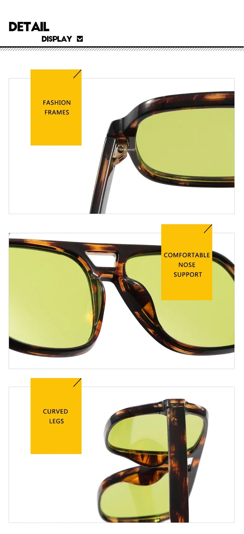Women's Vintage Pilot Sunglasses Oversized Square Frame Double Bridge Designer Shades Black Luxury Fashion Sun Glasses Eyewear