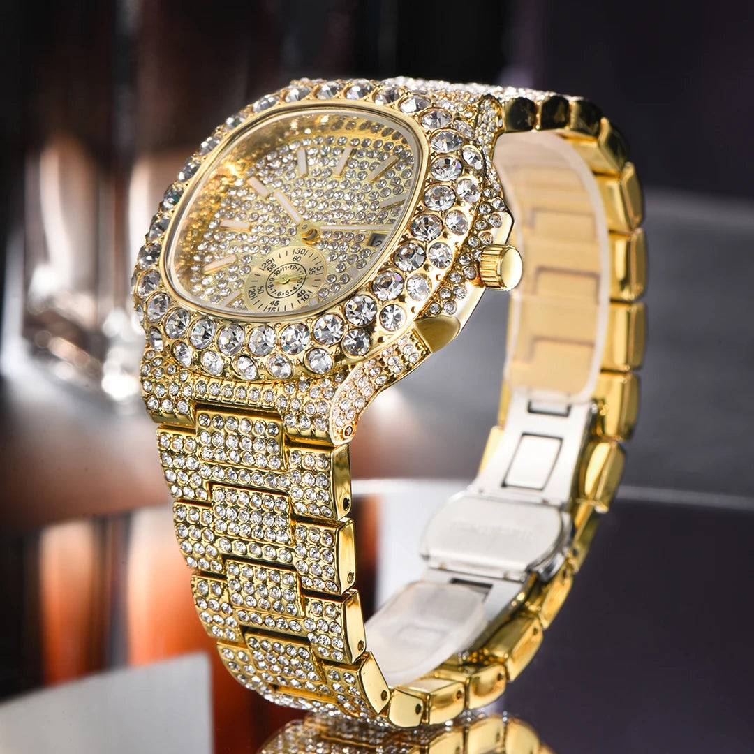 MISSFOX Iced Out Watch For Men Luxury Fashion Gold Quartz Watches Hip Hop High Quality Waterproof Male Daimond Clock New Gift