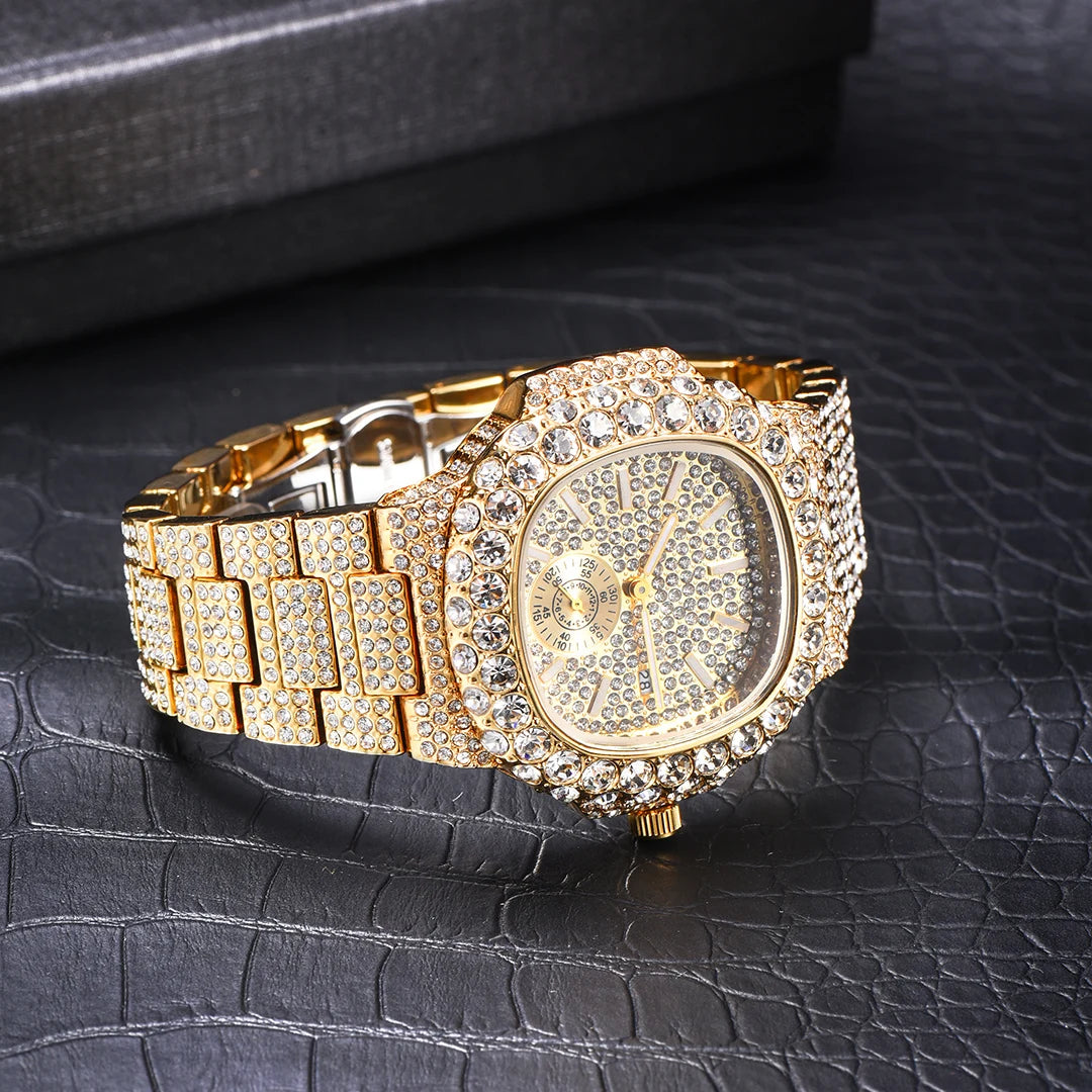 MISSFOX Iced Out Watch For Men Luxury Fashion Gold Quartz Watches Hip Hop High Quality Waterproof Male Daimond Clock New Gift