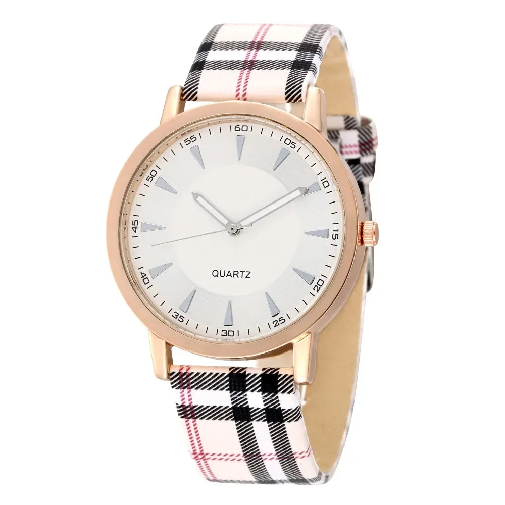 New Fashion Women Watch Simple Vintage Plaid Leather