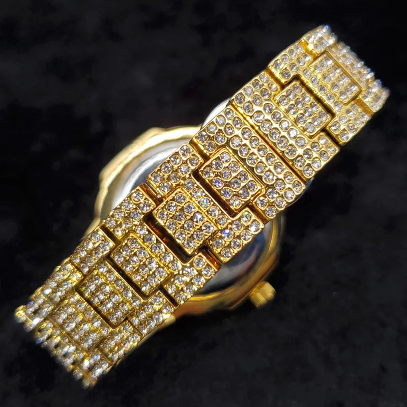 MISSFOX Iced Out Watch For Men Luxury Fashion Gold Quartz Watches Hip Hop High Quality Waterproof Male Daimond Clock New Gift