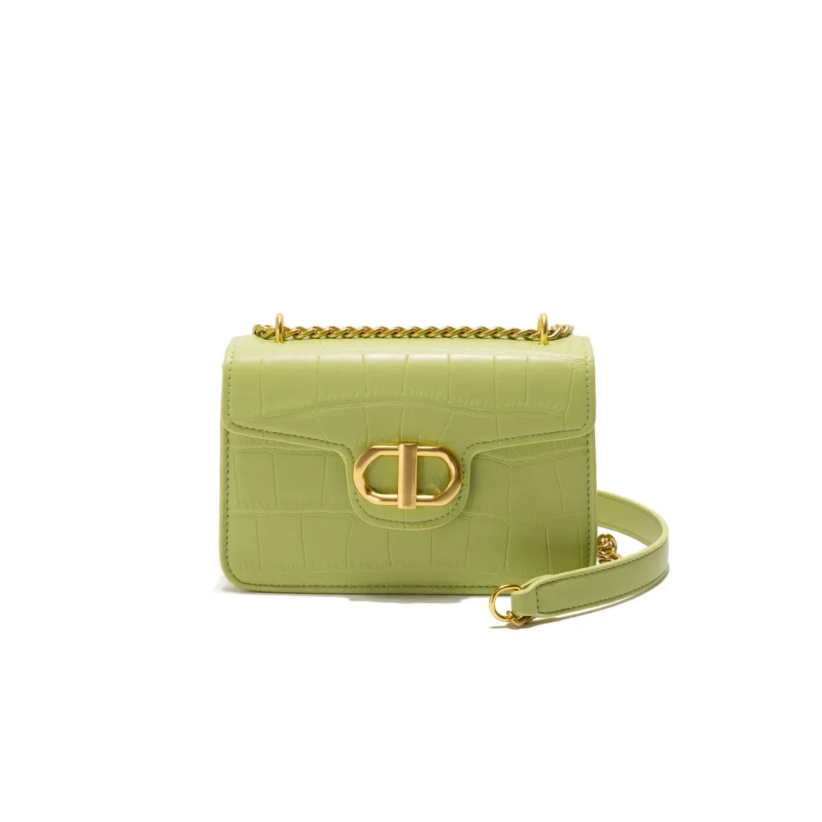 Green crocodile texture handbag with gold hardware and chain strap, ideal for women and unisex fashion.