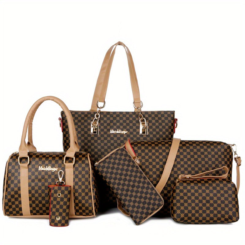 6PCS Luxury PU Leather Tote Bag Set - Stylish Clutch & Shoulder Bag - Perfect for Casual, Work & Versatile Wear - Durable & Roomy Commuter Bags - A Complete Wardrobe Accessory