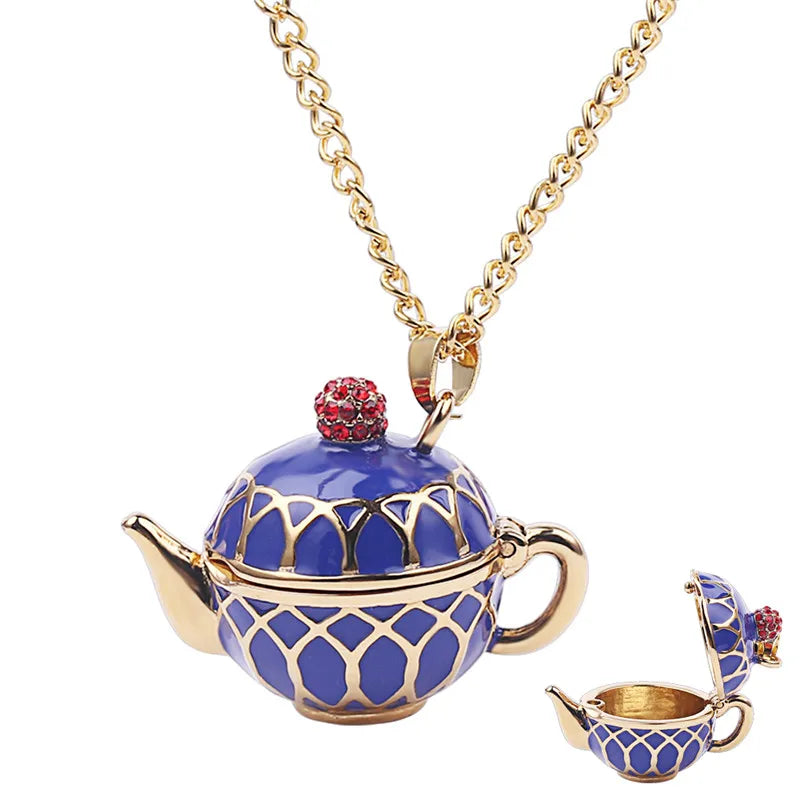 Boho Hand Made Tea Cup Necklace Pendant Woman Collier Sweater Chain Clothing Accessories Long Necklace Enamel Collane Jewelry