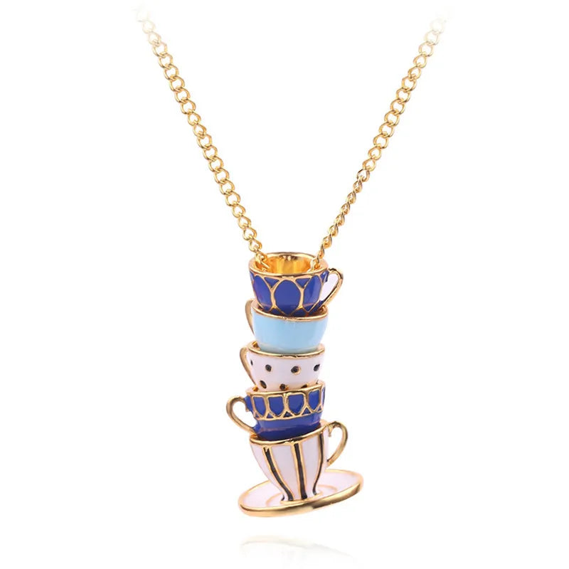 Boho Hand Made Tea Cup Necklace Pendant Woman Collier Sweater Chain Clothing Accessories Long Necklace Enamel Collane Jewelry