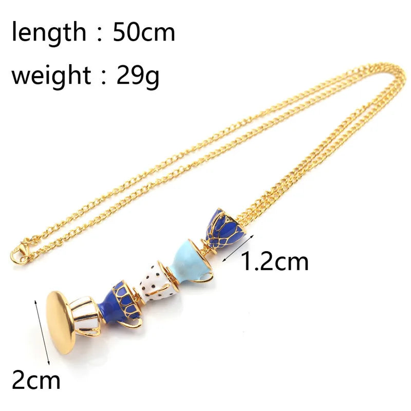 Boho Hand Made Tea Cup Necklace Pendant Woman Collier Sweater Chain Clothing Accessories Long Necklace Enamel Collane Jewelry