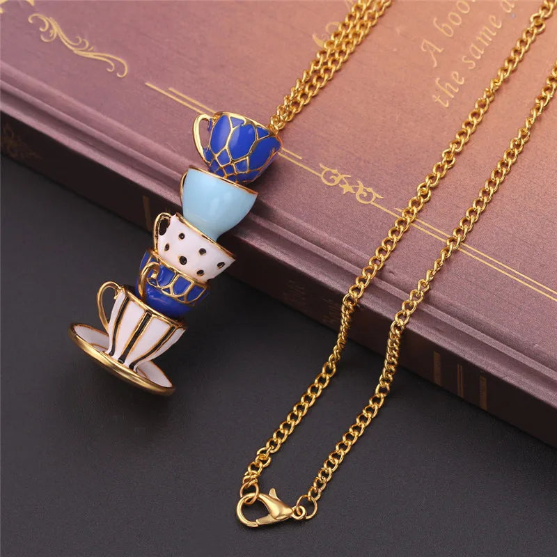 Boho Hand Made Tea Cup Necklace Pendant Woman Collier Sweater Chain Clothing Accessories Long Necklace Enamel Collane Jewelry
