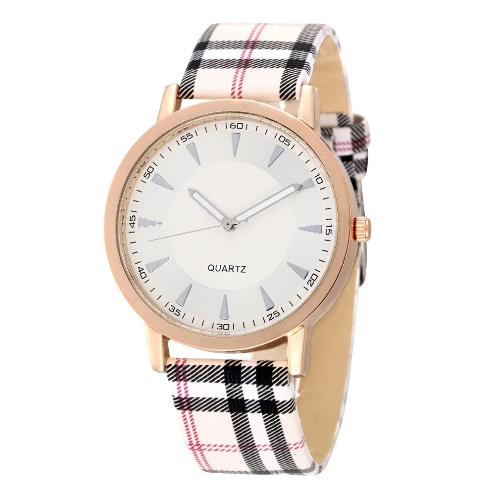 New Fashion Women Watch Simple Vintage Plaid Leather
