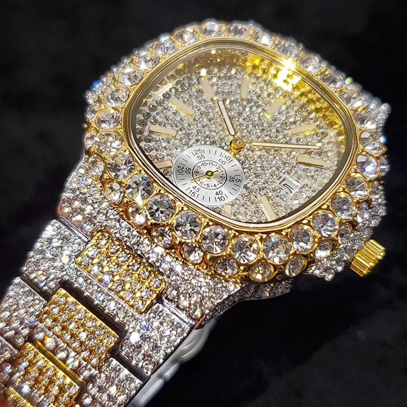 MISSFOX Iced Out Watch For Men Luxury Fashion Gold Quartz Watches Hip Hop High Quality Waterproof  Male Daimond Clock New Gift