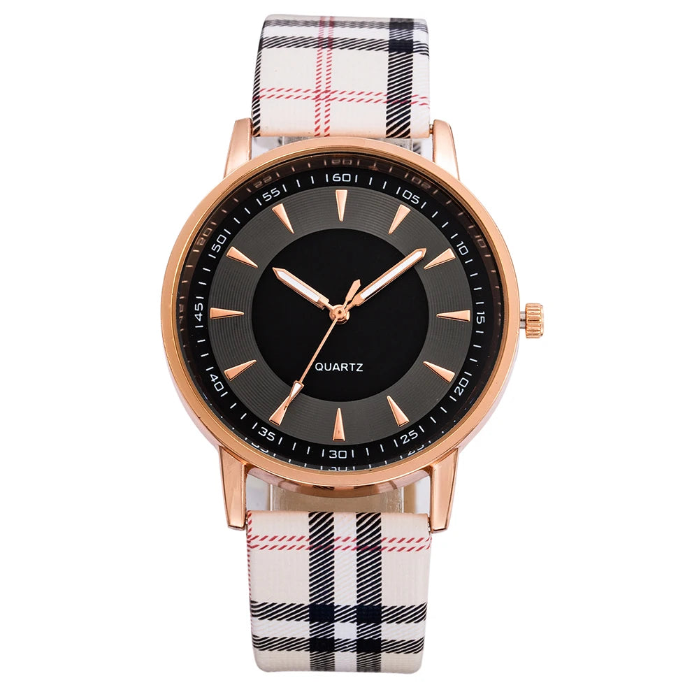 New Fashion Women Watch Simple Vintage Plaid Leather