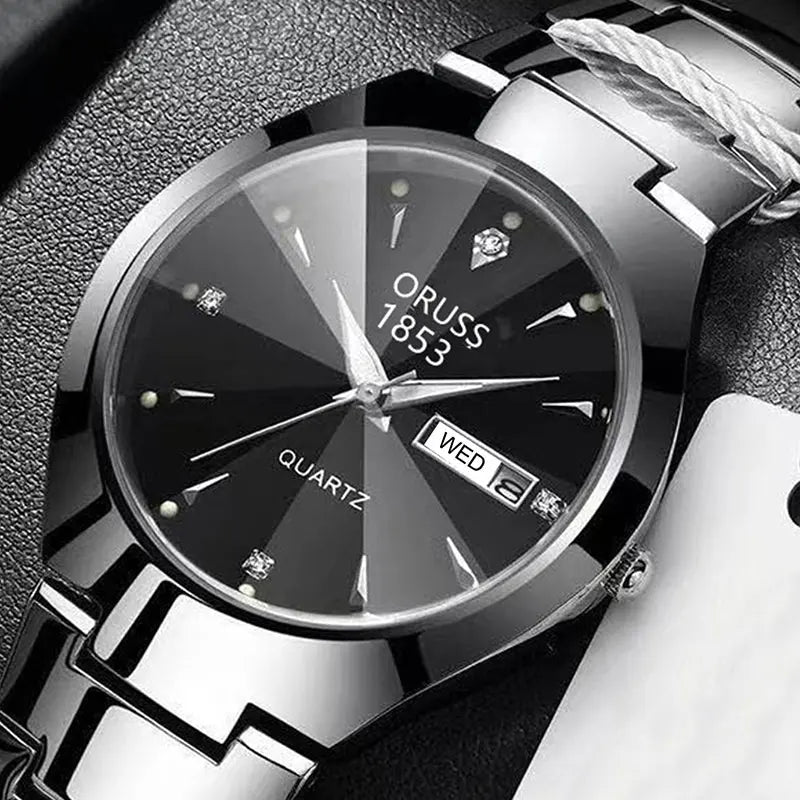 ORUSS Relogio Feminino Couple Watch Men Quartz watch for Lovers Luxury Womens wristwatch Week Display Stainless Steel Waterproof