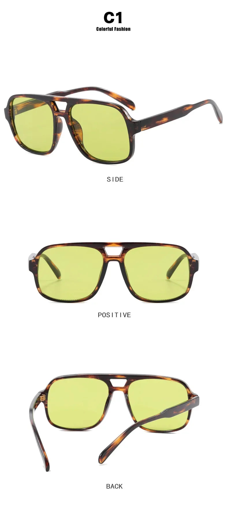 Women's Vintage Pilot Sunglasses Oversized Square Frame Double Bridge Designer Shades Black Luxury Fashion Sun Glasses Eyewear