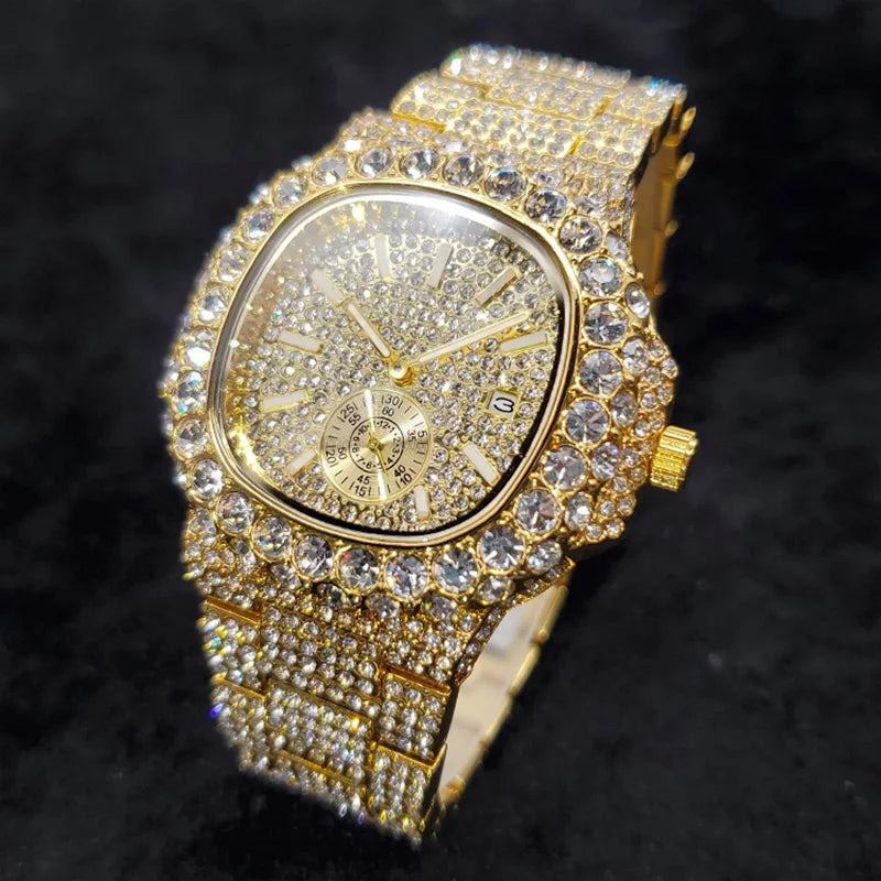 MISSFOX Iced Out Watch For Men Luxury Fashion Gold Quartz Watches Hip Hop High Quality Waterproof  Male Daimond Clock New Gift