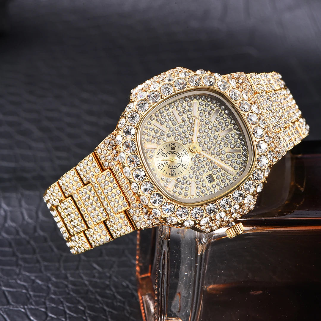 MISSFOX Iced Out Watch For Men Luxury Fashion Gold Quartz Watches Hip Hop High Quality Waterproof  Male Daimond Clock New Gift